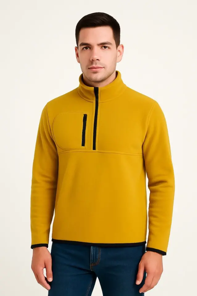 Erkek Polar Kazak – Dik Yaka, Yarım Fermuarlı, Fermuarlı Göğüs Cepli, Siyah Biyeli, Kışlık Rahat Regular Fit Günlük Model - Sarı-3 Erkek Polar Kazak – Dik Yaka, Yarım Fermuarlı, Fermuarlı Göğüs Cepli, Siyah Biyeli, Kışlık Rahat Regular Fit Günlük Model - Sarı-3