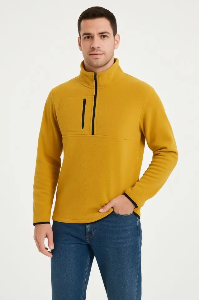 Erkek Polar Kazak – Dik Yaka, Yarım Fermuarlı, Fermuarlı Göğüs Cepli, Siyah Biyeli, Kışlık Rahat Regular Fit Günlük Model - Sarı-4 Erkek Polar Kazak – Dik Yaka, Yarım Fermuarlı, Fermuarlı Göğüs Cepli, Siyah Biyeli, Kışlık Rahat Regular Fit Günlük Model - Sarı-4