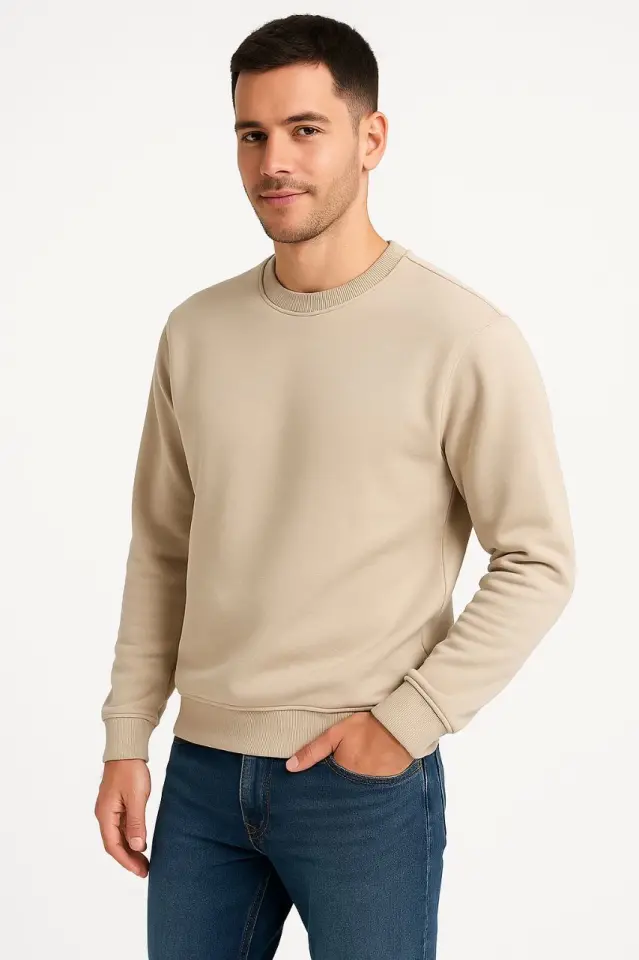 Erkek Üç İplik Düz Bisiklet Yaka SweatShirt - Bej