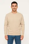 Erkek Üç İplik Düz Bisiklet Yaka SweatShirt - Bej-4
