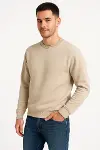 Erkek Üç İplik Düz Bisiklet Yaka SweatShirt - Bej-1