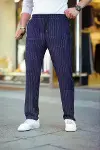 Erkek Cizgili Dokuma Krep Jogger Buggy Pantalon Rahat Kalıp - Lacivert-2