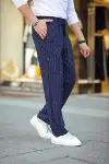 Erkek Cizgili Dokuma Krep Jogger Buggy Pantalon Rahat Kalıp - Lacivert-3