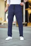 Erkek Cizgili Dokuma Krep Jogger Buggy Pantalon Rahat Kalıp - Lacivert-1