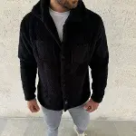 Erkek Pelüş Polar Hırka Gömlek – Yakalı, İlik Düğmeli, Göğüs Cepli, Yumuşak Dokulu Kışlık Regular Fit Rahat Günlük Model - Siyah-4
