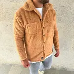 Erkek Pelüş Polar Hırka Gömlek – Yakalı, İlik Düğmeli, Göğüs Cepli, Yumuşak Dokulu Kışlık Regular Fit Rahat Günlük Model - Açık Kahve-4