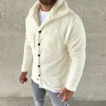 Erkek Pelüş Polar Hırka Gömlek – Yakalı, İlik Düğmeli, Göğüs Cepli, Yumuşak Dokulu Kışlık Regular Fit Rahat Günlük Model - Beyaz-2