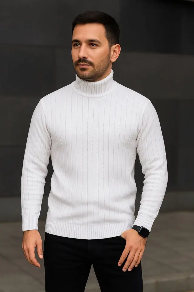 Erkek Balıkcı Yaka Bağazlı Triko Kazak Pamuklu Kalın Fitilli Dokuma, Regular Fit Uzun Kollu Kışlık Model - Beyaz