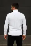 Erkek Balıkcı Yaka Bağazlı Triko Kazak Pamuklu Kalın Fitilli Dokuma, Regular Fit Uzun Kollu Kışlık Model - Beyaz-2