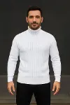 Erkek Balıkcı Yaka Bağazlı Triko Kazak Pamuklu Kalın Fitilli Dokuma, Regular Fit Uzun Kollu Kışlık Model - Beyaz-3