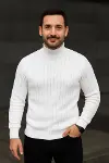 Erkek Balıkcı Yaka Bağazlı Triko Kazak Pamuklu Kalın Fitilli Dokuma, Regular Fit Uzun Kollu Kışlık Model - Beyaz-4