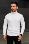 Erkek Balıkcı Yaka Bağazlı Triko Kazak Pamuklu Kalın Fitilli Dokuma, Regular Fit Uzun Kollu Kışlık Model - Beyaz-1
