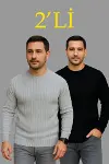Erkek Fitilli Triko Kazak 2’li Set – Siyah - Gri, Kalın Dokuma Pamuklu Regular Fit Bisiklet Yaka Uzun Kollu Rahat Kışlık Kazak Kombini-1
