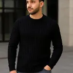 Erkek Fitilli Triko Kazak 2’li Set – Siyah - Beyaz, Kalın Dokuma Pamuklu Regular Fit Bisiklet Yaka Uzun Kollu Rahat Kışlık Kazak Kombini-4