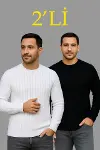 Erkek Fitilli Triko Kazak 2’li Set – Siyah - Beyaz, Kalın Dokuma Pamuklu Regular Fit Bisiklet Yaka Uzun Kollu Rahat Kışlık Kazak Kombini-1