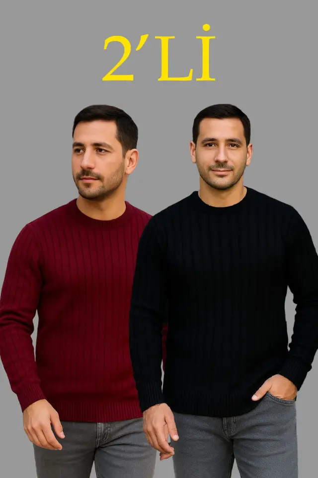 Erkek Fitilli Triko Kazak 2’li Set – Siyah - Bordo, Kalın Dokuma Pamuklu Regular Fit Bisiklet Yaka Uzun Kollu Rahat Kışlık Kazak Kombini