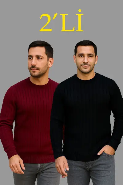 Erkek Fitilli Triko Kazak 2’li Set – Siyah - Bordo, Kalın Dokuma Pamuklu Regular Fit Bisiklet Yaka Uzun Kollu Rahat Kışlık Kazak Kombini