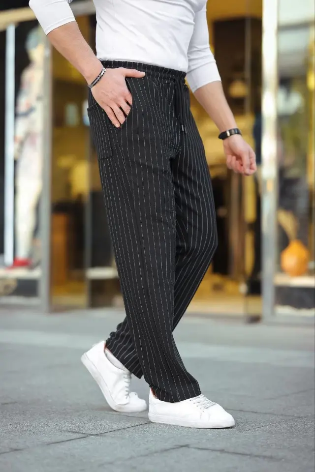 Erkek Cizgili Dokuma Krep Jogger Buggy Pantalon Rahat Kalıp - Siyah