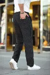 Erkek Cizgili Dokuma Krep Jogger Buggy Pantalon Rahat Kalıp - Siyah-2
