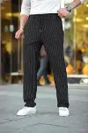 Erkek Cizgili Dokuma Krep Jogger Buggy Pantalon Rahat Kalıp - Siyah-3