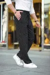 Erkek Cizgili Dokuma Krep Jogger Buggy Pantalon Rahat Kalıp - Siyah-1