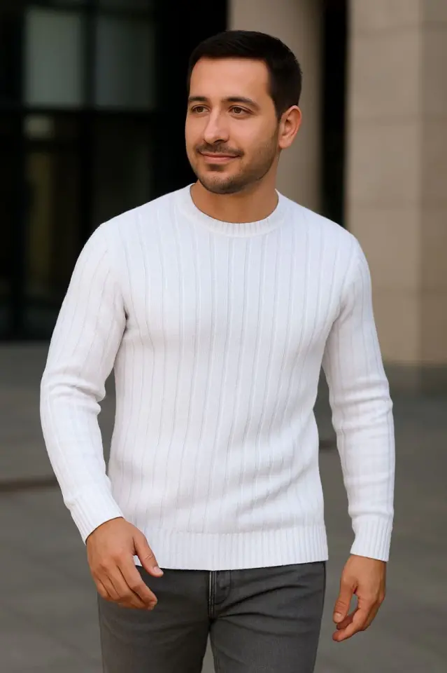 Erkek Fitilli Triko Kazak 4’lü Set – Beyaz, Haki, Bej, SiyahKalın Dokuma Pamuklu Regular Fit Bisiklet Yaka Uzun Kollu Kışlık Ve Baharlık Rahat Triko Kombini-3
