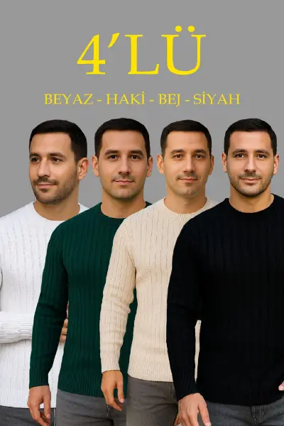 Erkek Fitilli Triko Kazak 4’lü Set – Beyaz, Haki, Bej, SiyahKalın Dokuma Pamuklu Regular Fit Bisiklet Yaka Uzun Kollu Kışlık Ve Baharlık Rahat Triko Kombini
