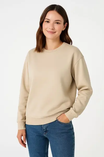 Üç İplik Düz Bisiklet Yaka SweatShirt - Bej