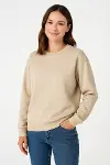 Üç İplik Düz Bisiklet Yaka SweatShirt - Bej-1