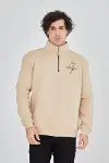 Erkek Yarım Fermuarlı Baskılı Sweat - Bej-2