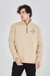 Erkek Yarım Fermuarlı Baskılı Sweat - Bej-3