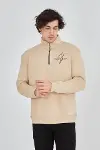 Erkek Yarım Fermuarlı Baskılı Sweat - Bej-4
