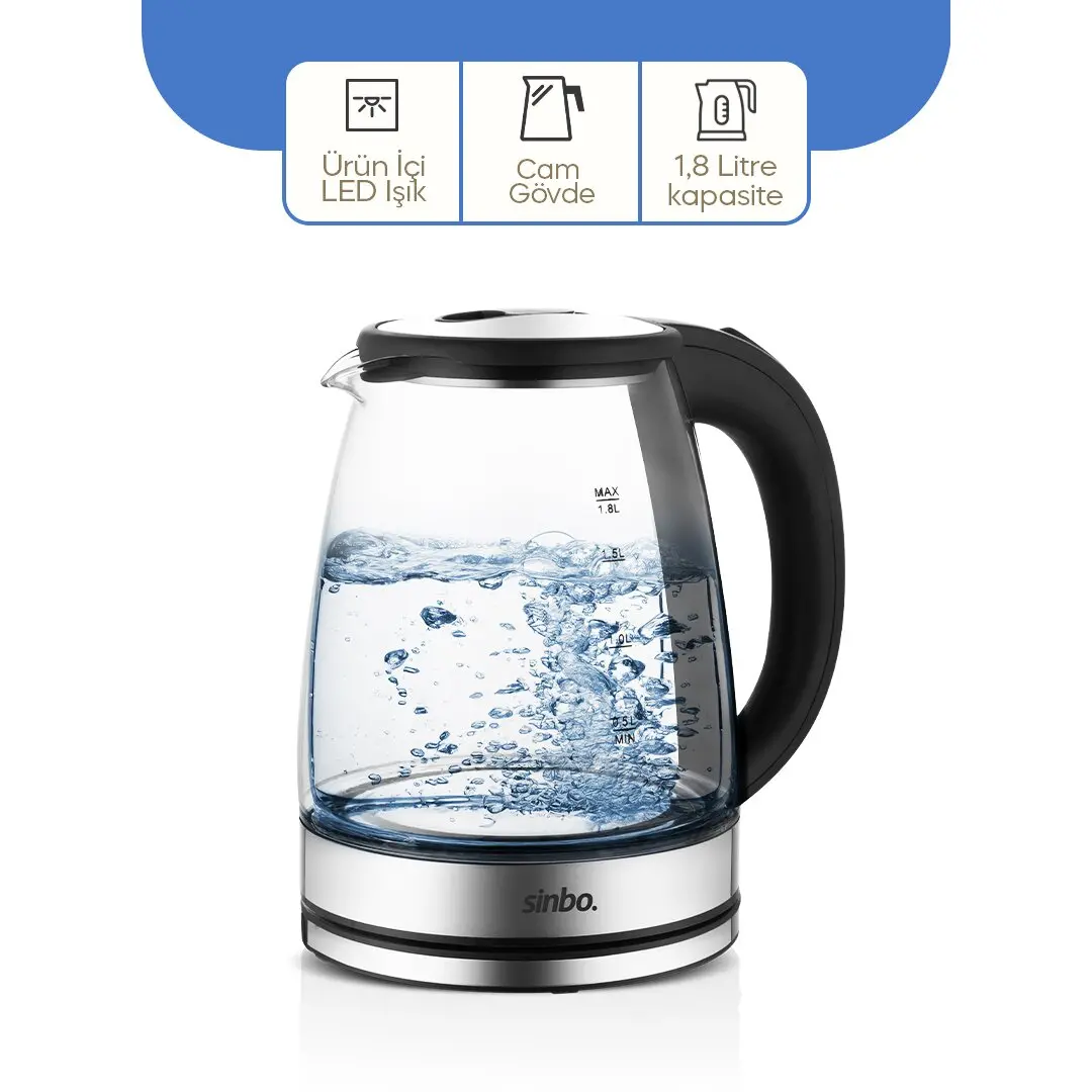 CAM - LEDLİ KETTLE 1.8LT  GİZLİ REZİSTANS - KABLOSUZ 360 DERECE GÖVDE 1500W SK-8033 (4745)