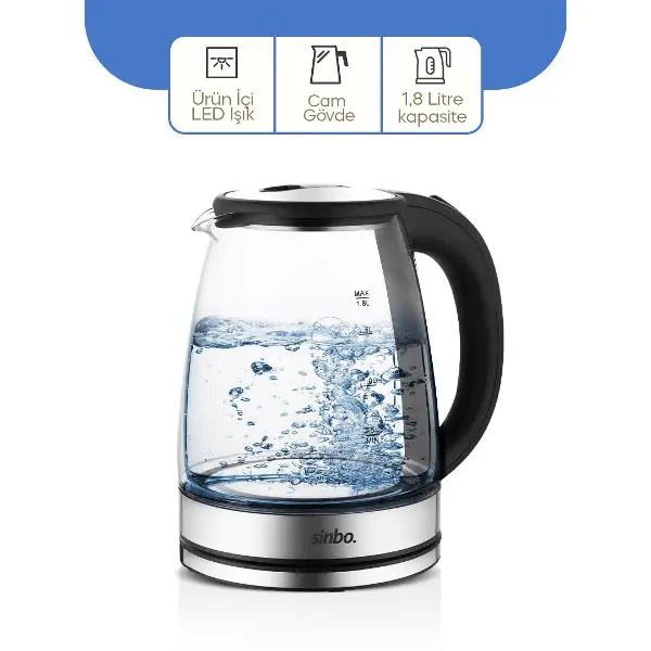 CAM - LEDLİ KETTLE 1.8LT GİZLİ REZİSTANS - KABLOSUZ 360 DERECE GÖVDE 1500W SK-8033 (4745)