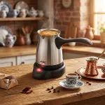 ÇELİK ELEKTRİKLİ CEZVE TÜRK KAHVE MAKİNESİ - 6FİNCAN=500ML 360° KABLOSUZ KULLANIM KATLANIR KULP 600W SCM-9039 (4745)-2