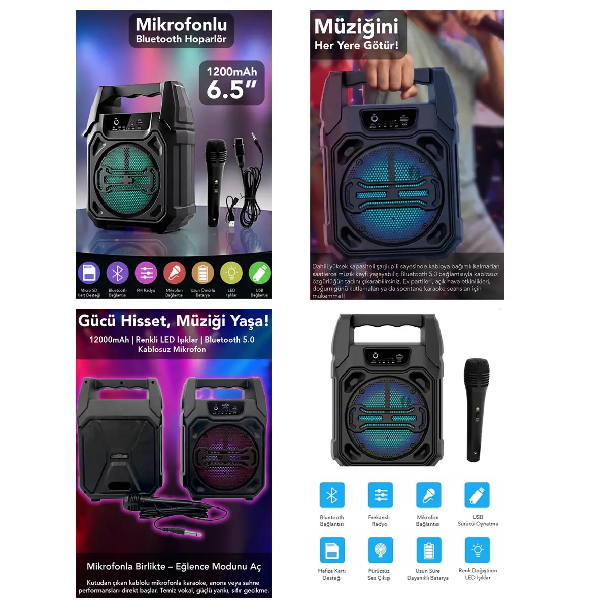 6.5 INC BLUETOOTH WİRELESS MİKROFONLU HOPARLÖR - SPEAKER USB SARJLI AUX - TF - USB PS-1283 (4745)