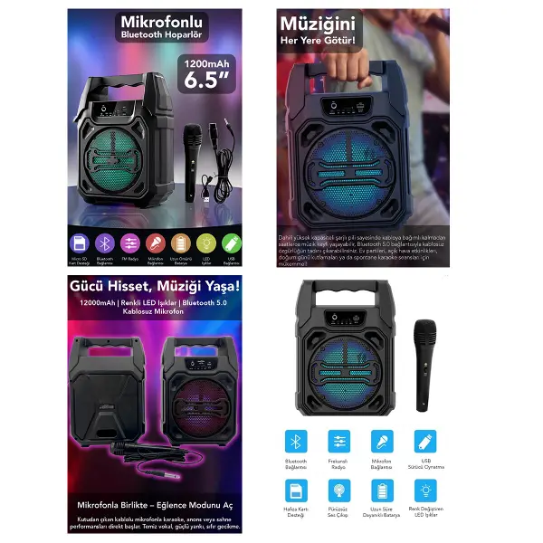 6.5 INC BLUETOOTH WİRELESS MİKROFONLU HOPARLÖR - SPEAKER USB SARJLI AUX - TF - USB PS-1283 (4745)