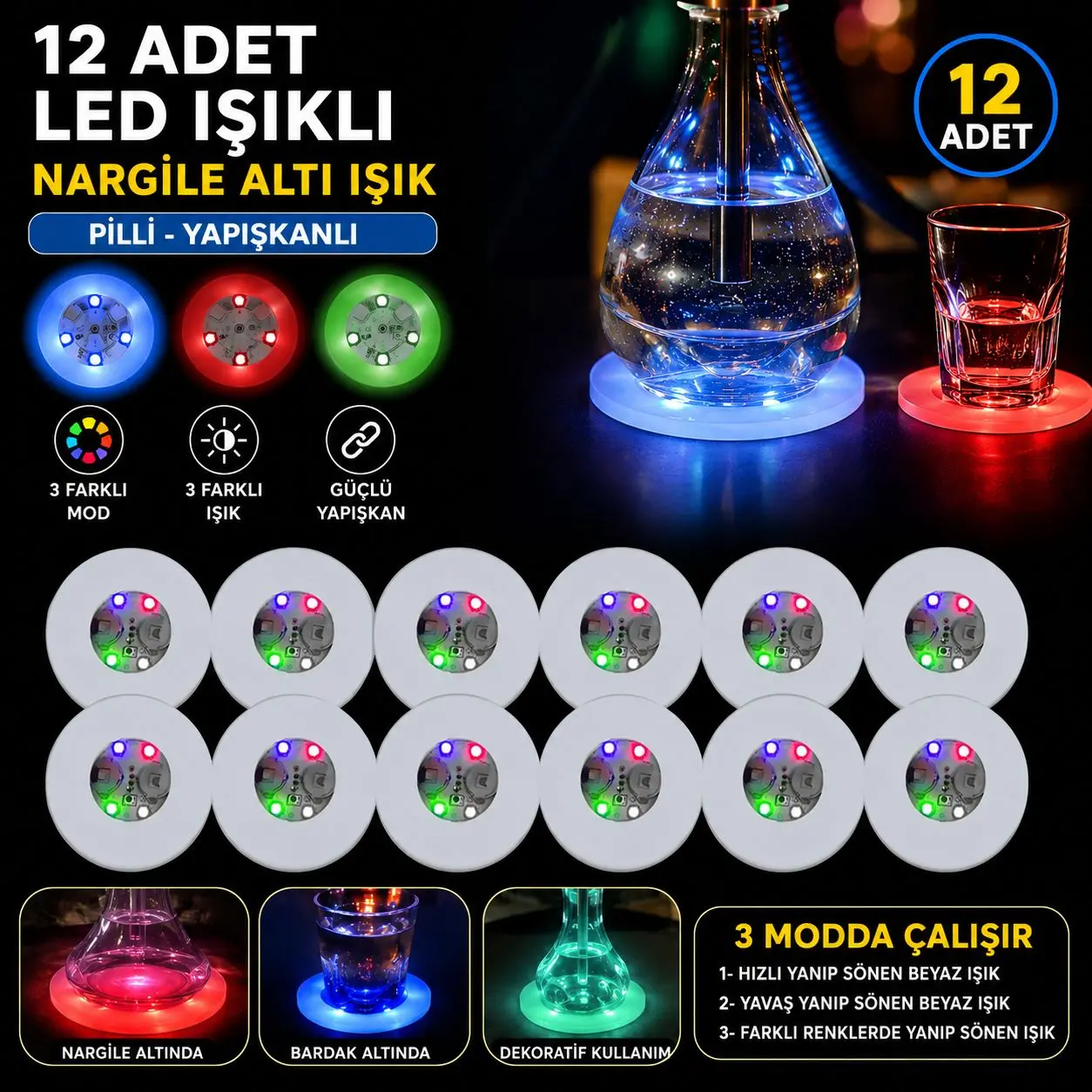 RGB LED Nargile Altı Işık 12’li Set (4745)
