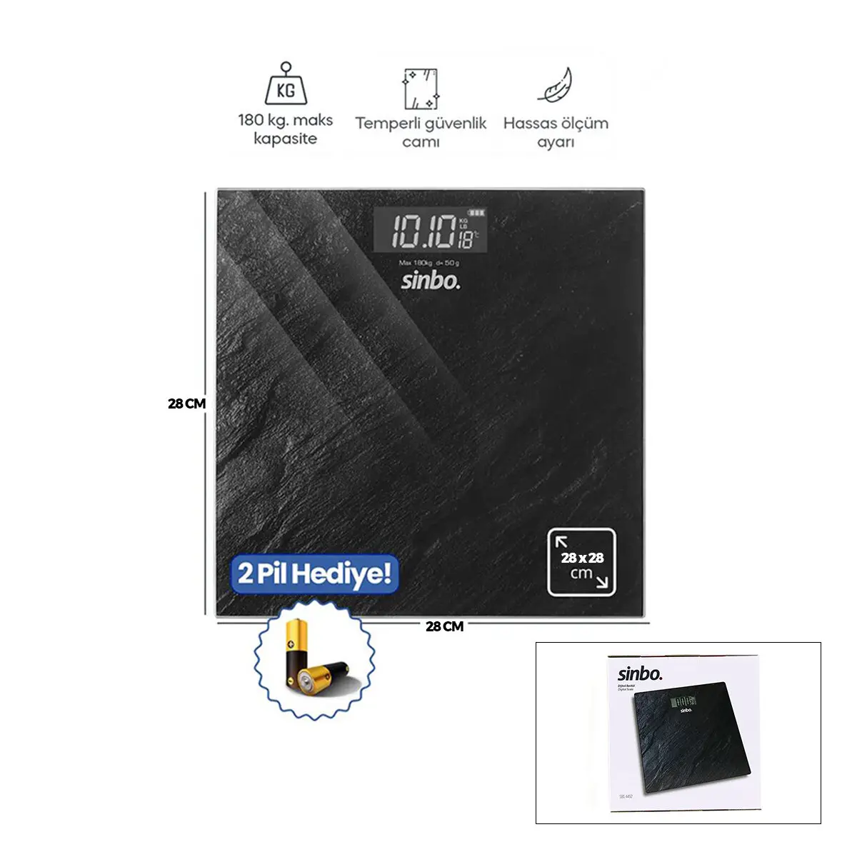 DİJİTAL - PİLLİ BANYO BASKÜL TERAZİ TARTI LCD EKRAN - SICAKLIK GÖSTERGE 180KG/50GR 28X28CM SBS-4452 (4745)