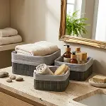 GRİ 3 BOY KARE BAMBU KENAR ORGANİZER SEPET AHŞAP ALTLIK - BEZLİ 17X21X25CM (4745)-2