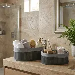 GRİ 2 BOY OVAL BAMBU KENAR ORGANİZER SEPET AHŞAP ALTLIK - BEZLİ 21X14-25X16CM (4745)-2