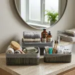 GRİ 3 BOY D.DÖRTGEN BAMBU KENAR ORGANİZER SEPET AHŞAP ALTLIK - BEZLİ 25X14-28X18-20X30CM (4745)-2