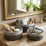 GRİ 3 BOY YUVARLAK BAMBU KENAR ORGANİZER SEPET AHŞAP ALTLIK - BEZLİ ÇAP: 22X24X29CM (4745)-2