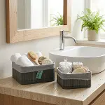 GRİ 2 BOY KARE BAMBU KENAR ORGANİZER SEPET AHŞAP ALTLIK - BEZLİ 18X21CM (4745)-2