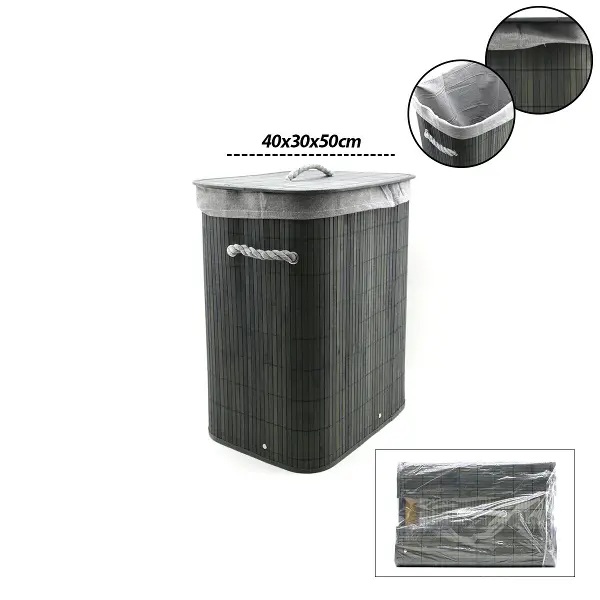 GRİ DİKDÖRTGEN 40X30CM - Y:60CM BAMBU AHŞAP KİRLİ ÇAMAŞIR SEPETİ SEYYAR KAPAKLI KUMAŞ ÇANTALI İP KULPLU (4745)