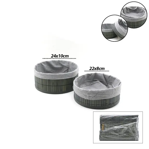 GRİ 2 BOY YUVARLAK BAMBU KENAR ORGANİZER SEPET AHŞAP ALTLIK - BEZLİ ÇAP=22X24CM (4745)