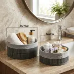 GRİ 2 BOY YUVARLAK BAMBU KENAR ORGANİZER SEPET AHŞAP ALTLIK - BEZLİ ÇAP=22X24CM (4745)-2