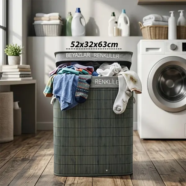 GRİ DİKDÖRTGEN 2 BÖLMELİ 52X32CM Y:63CM BAMBU AHŞAP KİRLİ ÇAMAŞIR SEPETİ KUMAŞ ÇANTALI İP KULP (4745)
