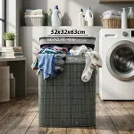 GRİ DİKDÖRTGEN 2 BÖLMELİ 52X32CM Y:63CM BAMBU AHŞAP KİRLİ ÇAMAŞIR SEPETİ KUMAŞ ÇANTALI İP KULP (4745)-1