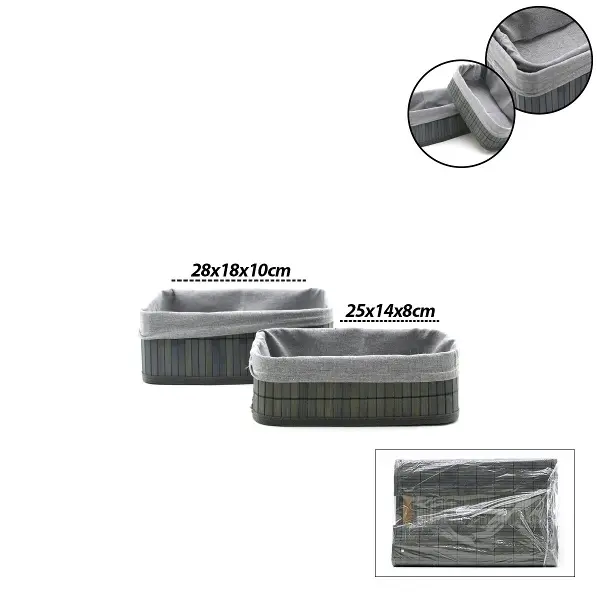 GRİ 2 BOY D.DÖRTGEN BAMBU KENAR ORGANİZER SEPET AHŞAP ALTLIK - BEZLİ 25X14-28X18CM (4745)